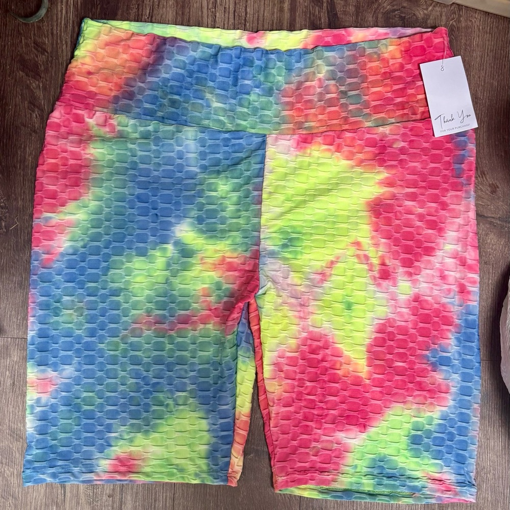 NEW! Zenana Outfitters Neon Tie Dye Textured Honey Butt Workout Shorts 3XL